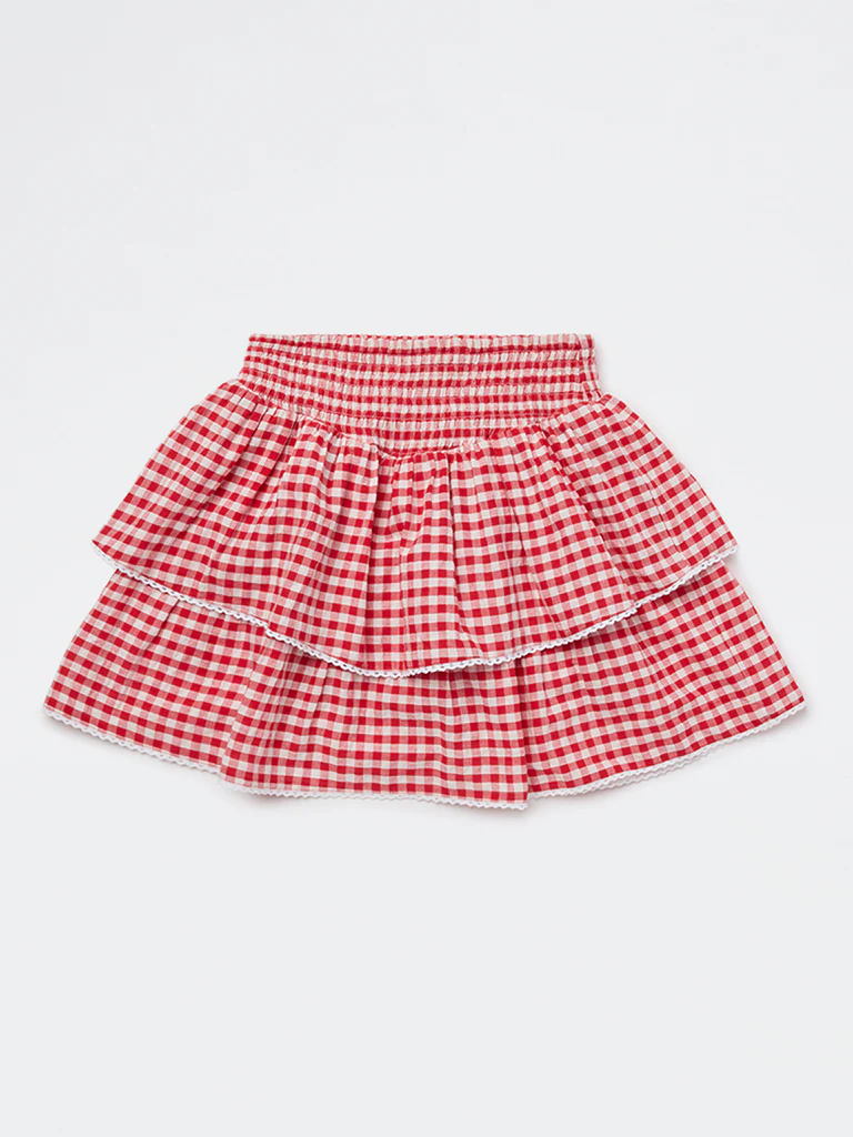 Y&F Kids Girls Red Checkered Tiered Cotton Skirt