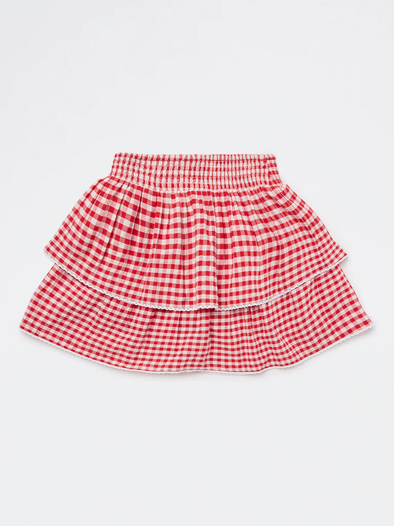 Y&F Kids Girls Red Checkered Tiered Cotton Skirt - Image 2
