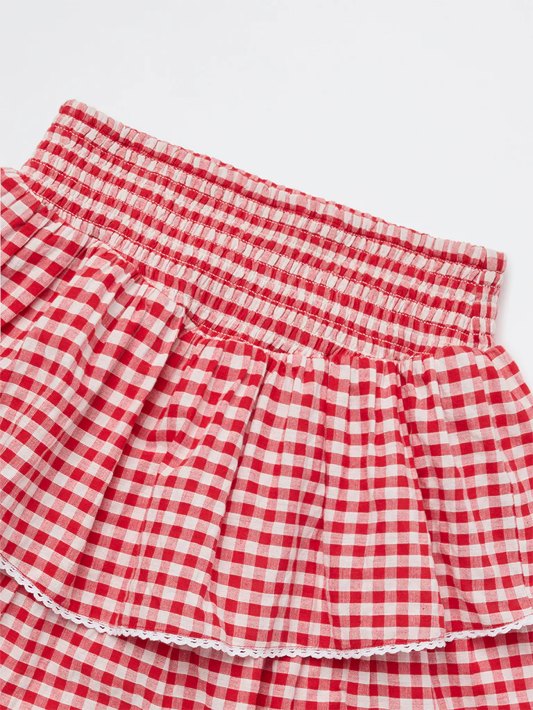 Y&F Kids Girls Red Checkered Tiered Cotton Skirt - Image 3