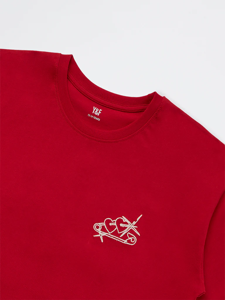 Y&F Kids Girls Red Typographic Cotton T-Shirt - Image 4