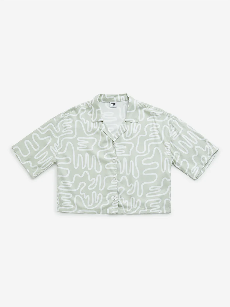Y&F Kids Girls Sage Abstract Print Cotton-Blend Cropped Shirt