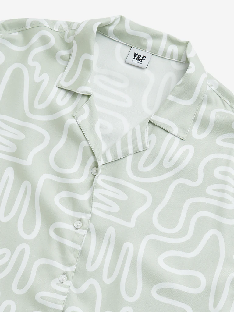 Y&F Kids Girls Sage Abstract Print Cotton-Blend Cropped Shirt - Image 4
