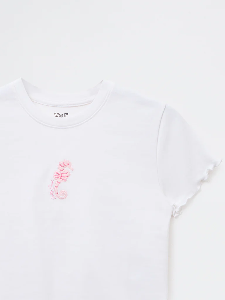 Y&F Kids Girls White Embroidered Cotton-Blend T-Shirt - Image 4