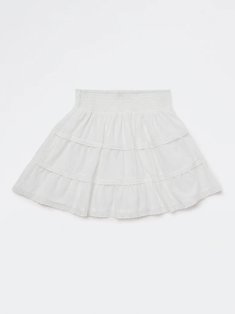 Y&F Kids Girls White Embroidered Cotton Tiered Skirt - Image 3
