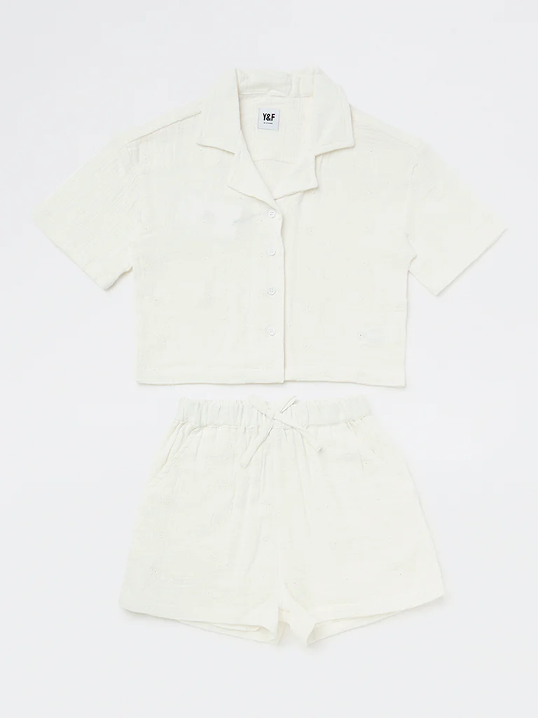 Y&F Kids Girls White Floral-Detail Cotton Shirt and Shorts Set - Image 3