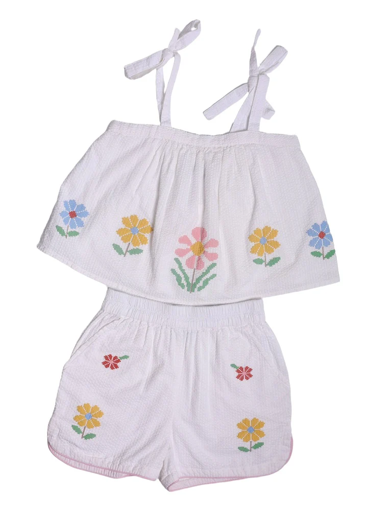 Y&F Kids Girls White Floral Embroidered Cotton Top and Shorts Set - Image 3