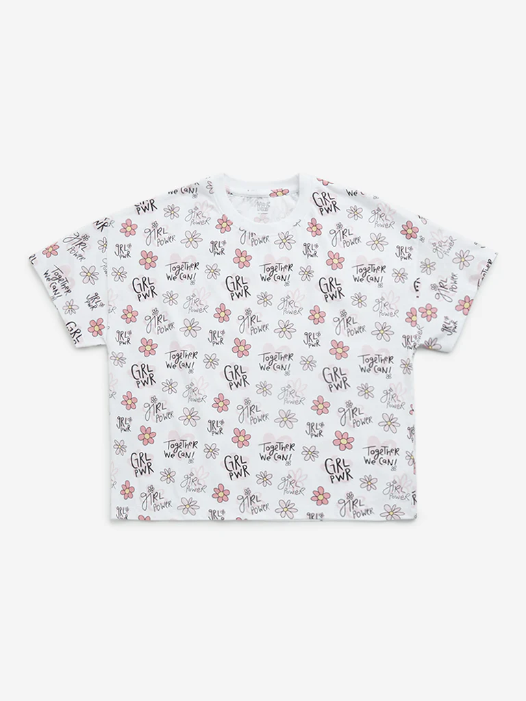 Y&F Kids Girls White Floral Printed Cotton T-Shirt