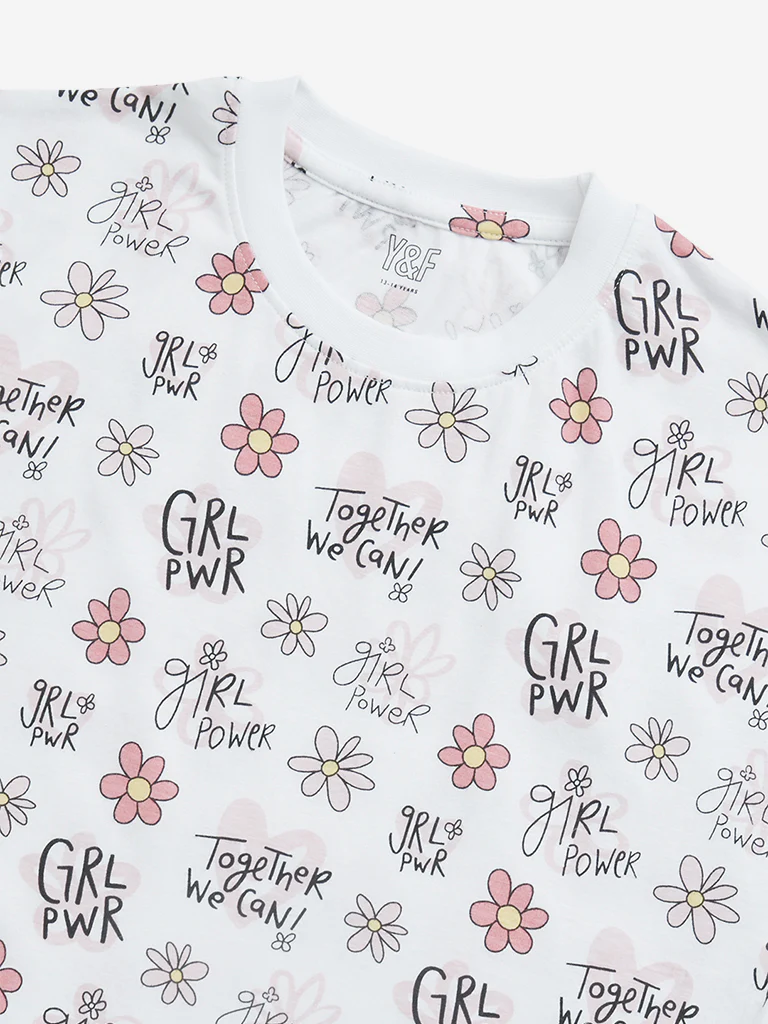 Y&F Kids Girls White Floral Printed Cotton T-Shirt - Image 4