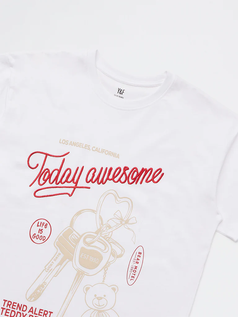 Y&F Kids Girls White Graphic Design Cotton T-Shirt - Image 4