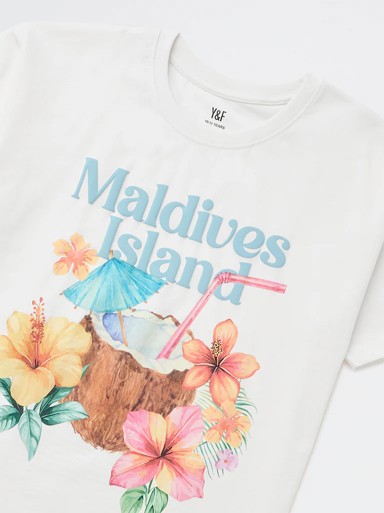 Y&F Kids Girls White Graphic Printed Cotton T-Shirt - Image 3