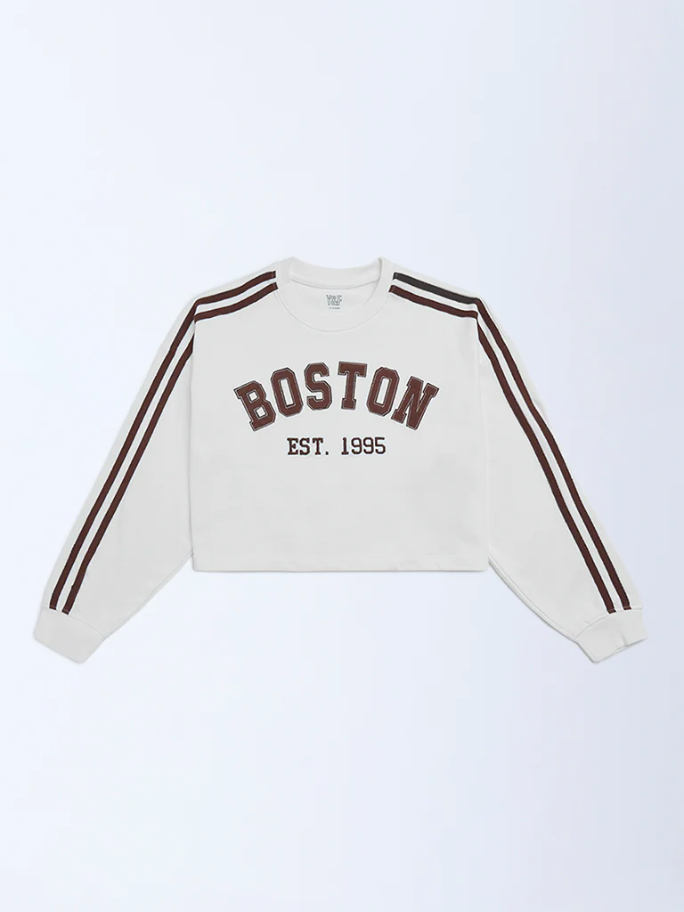 Y&F Kids Girls White Printed Cotton-Blend Sweatshirt