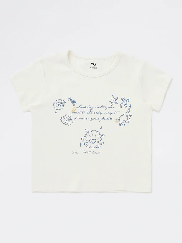 Y&F Kids Girls White Printed Cotton-Blend T-Shirt - Image 4