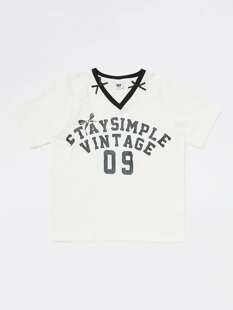 Y&F Kids Girls White Text-Printed T-Shirt - Image 4