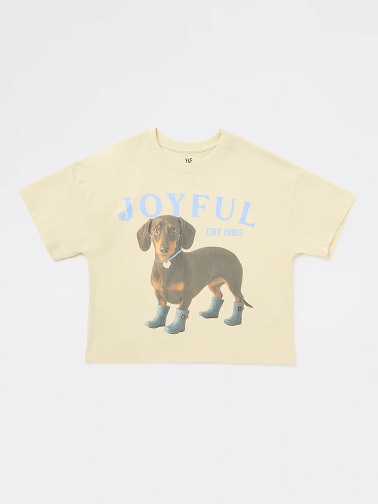 Y&F Kids Girls Yellow Printed Cotton T-Shirt - Image 4