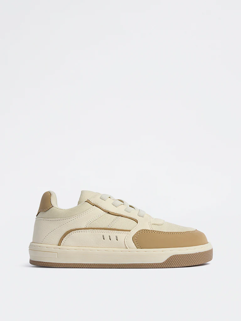Yellow Beige Colour-Blocked Lace-Up Sneakers