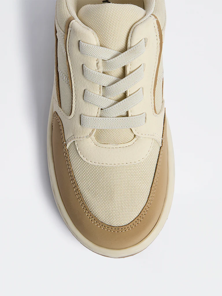 Yellow Beige Colour-Blocked Lace-Up Sneakers - Image 3