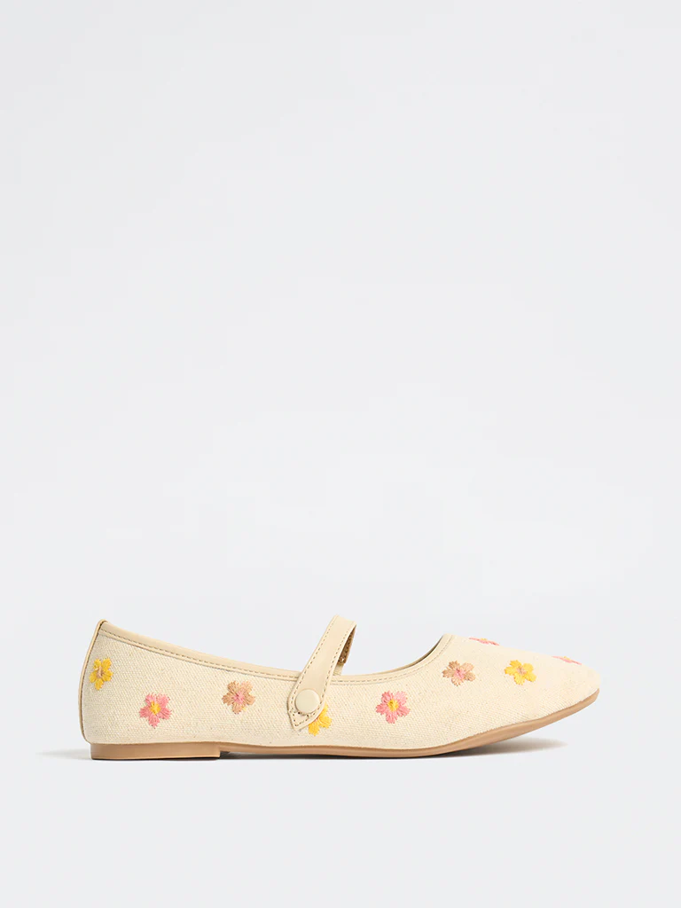 Yellow Beige Floral Embroidered Ballerinas