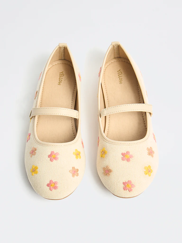 Yellow Beige Floral Embroidered Ballerinas - Image 2
