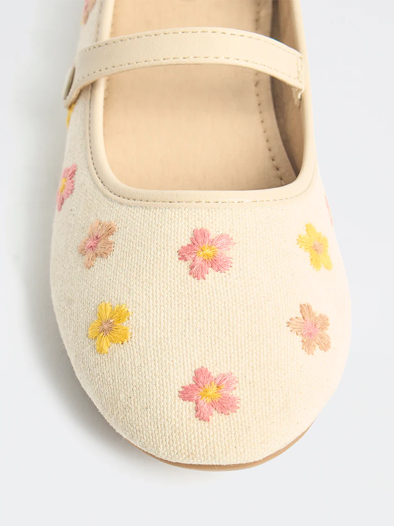 Yellow Beige Floral Embroidered Ballerinas - Image 3