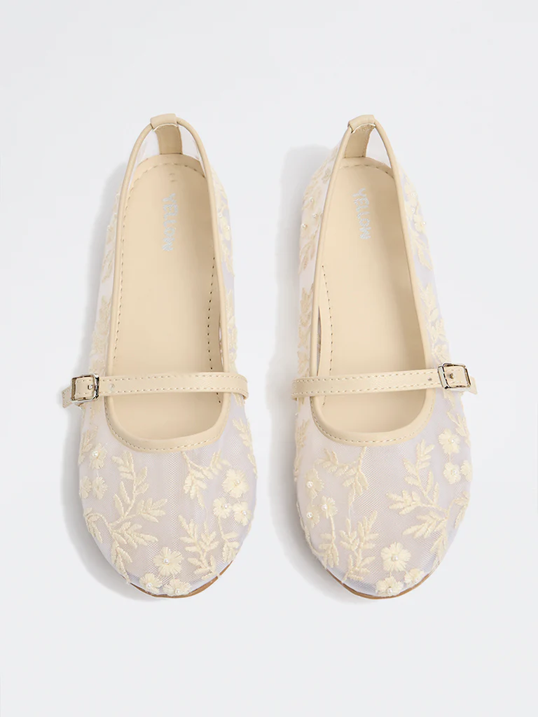 Yellow Ivory Floral Embroidered Mary Jane Shoes - Image 2