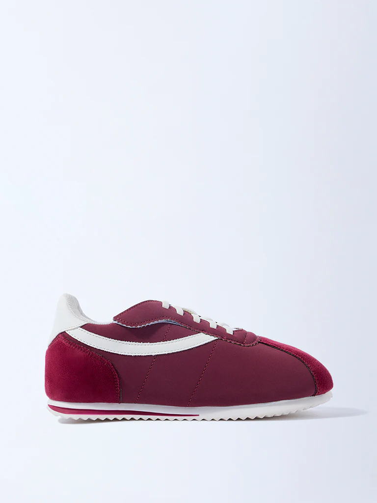 Yellow Maroon Stripe-Detail Lace-Up Sneakers
