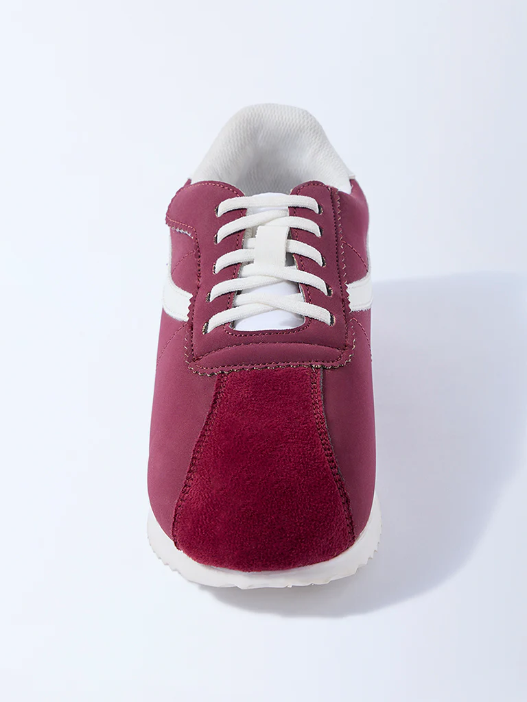 Yellow Maroon Stripe-Detail Lace-Up Sneakers - Image 3