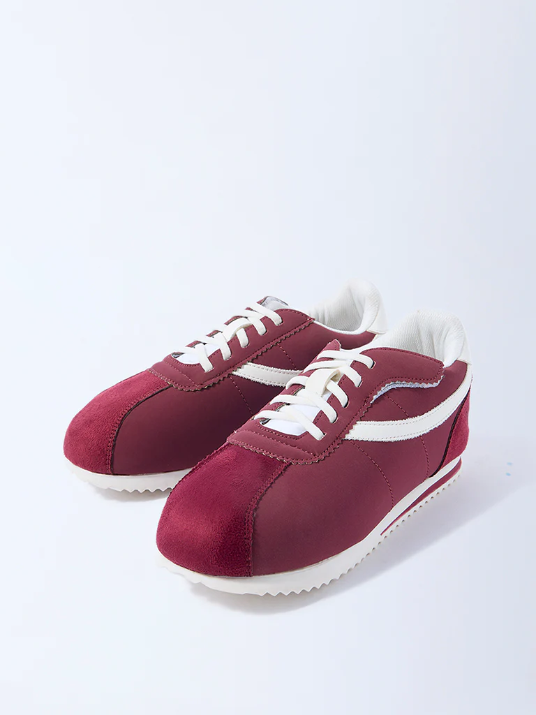Yellow Maroon Suede Lace-Up Sneakers - Image 2