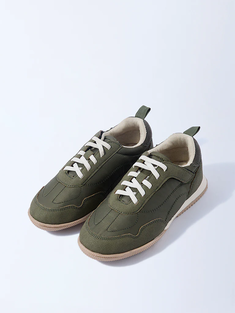 Yellow Olive Suede-Detail Lace-Up Sneakers - Image 2
