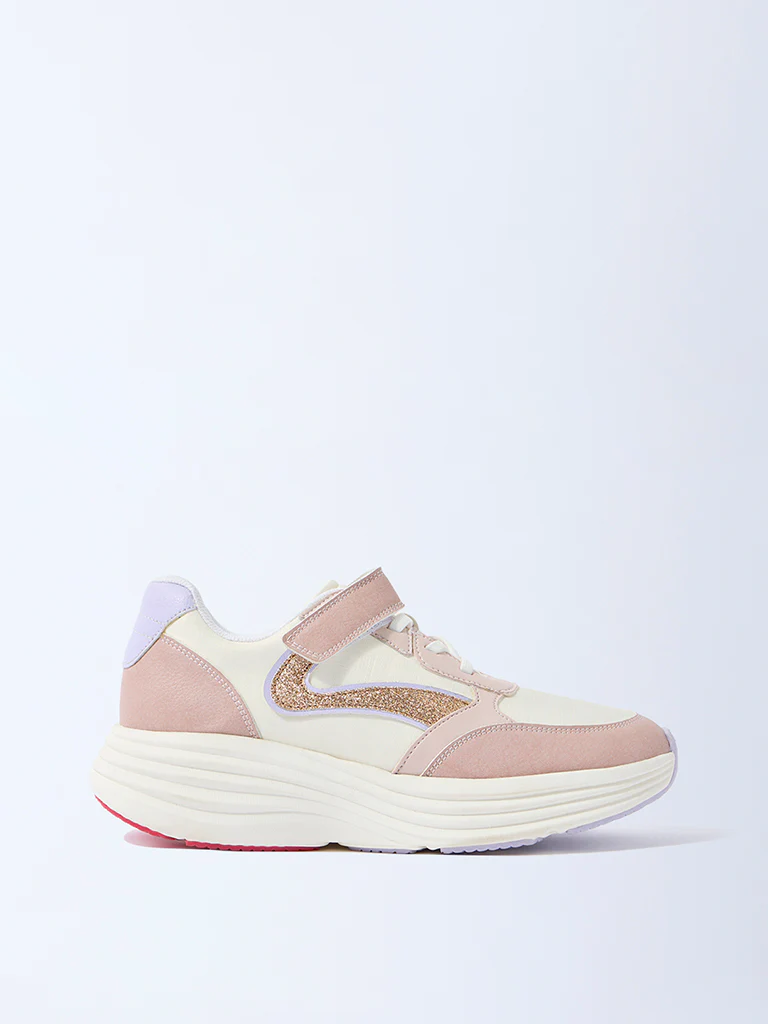 Yellow Pink Sparkle-Detailed Lace-Up Sneakers