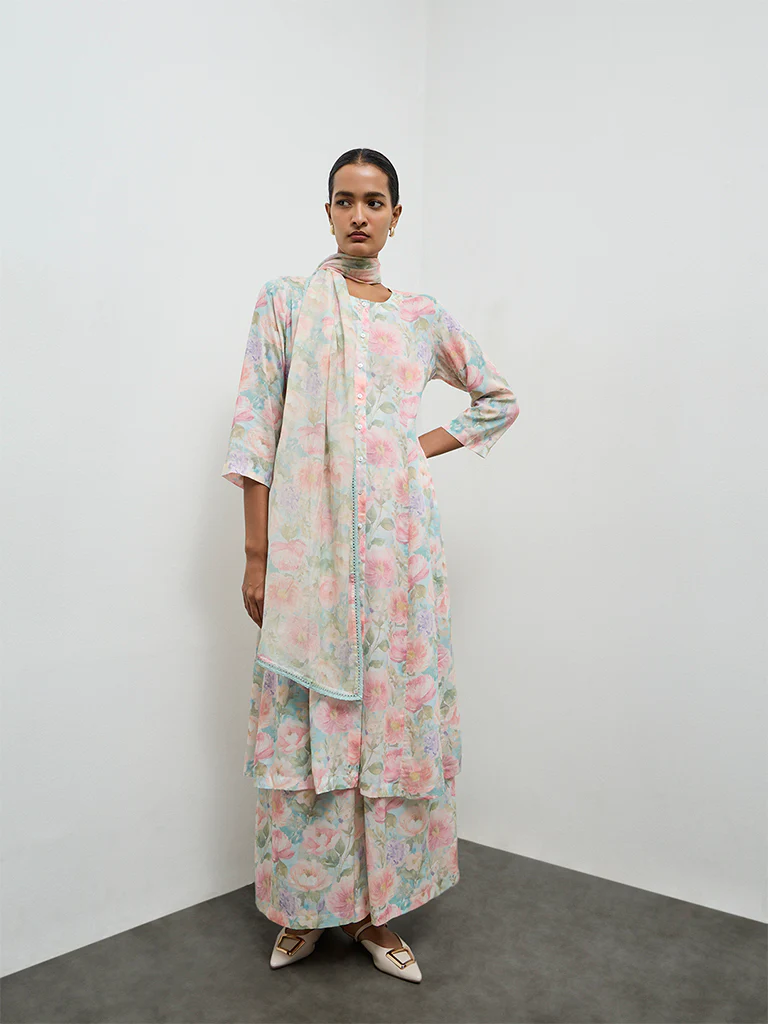 Zuba Aqua Floral Printed Cotton A-Line Kurta