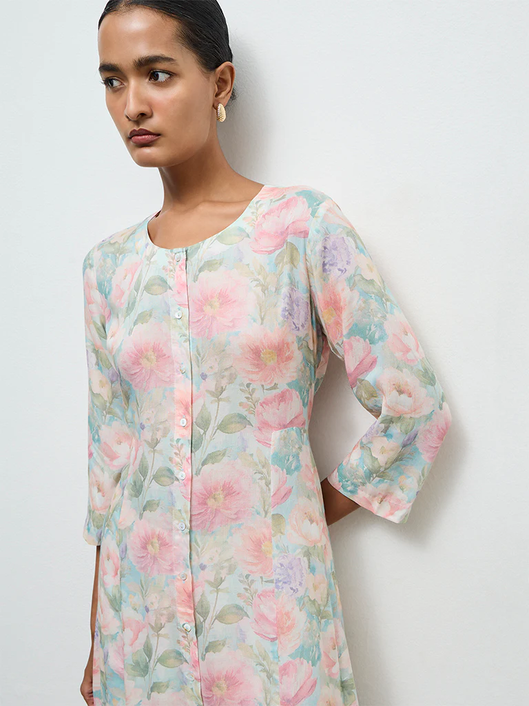 Zuba Aqua Floral Printed Cotton A-Line Kurta - Image 3