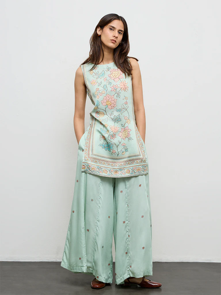 Zuba Aqua Floral Printed Straight Kurta