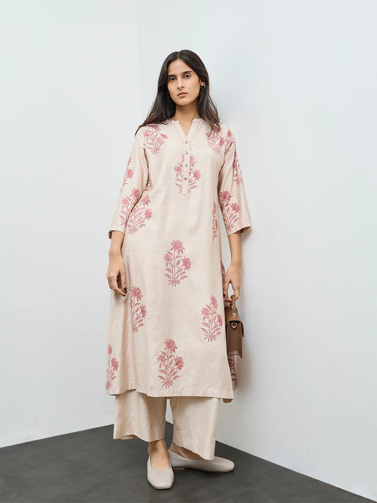 Zuba Beige Floral A-Line Kurta