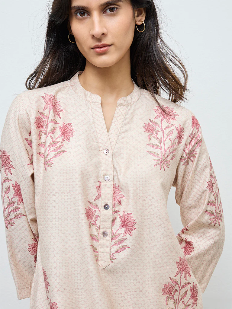 Zuba Beige Floral A-Line Kurta - Image 3