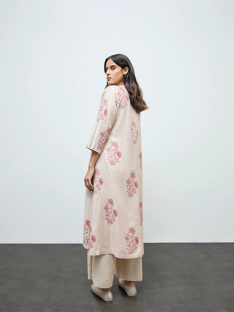 Zuba Beige Floral A-Line Kurta - Image 4