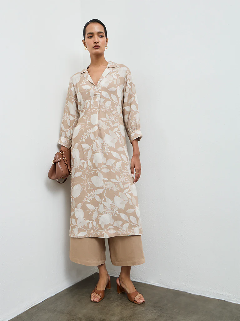 Zuba Beige Floral A-Line Kurta
