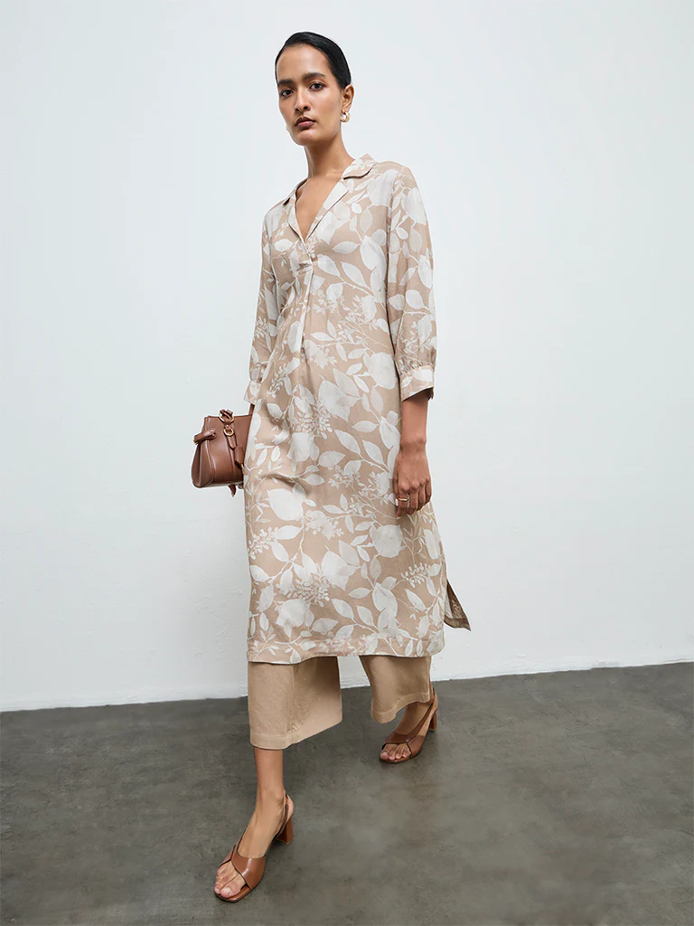 Zuba Beige Floral A-Line Kurta - Image 2