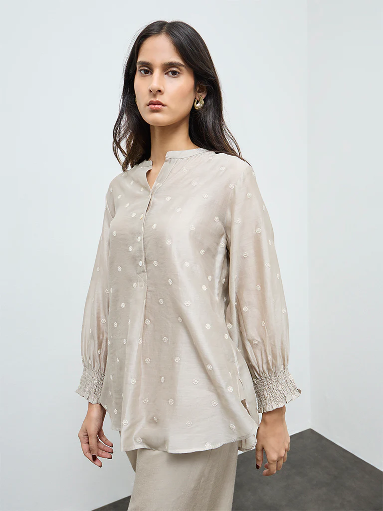 Zuba Beige Floral Embroidered Cotton-Blend Tunic with Inner