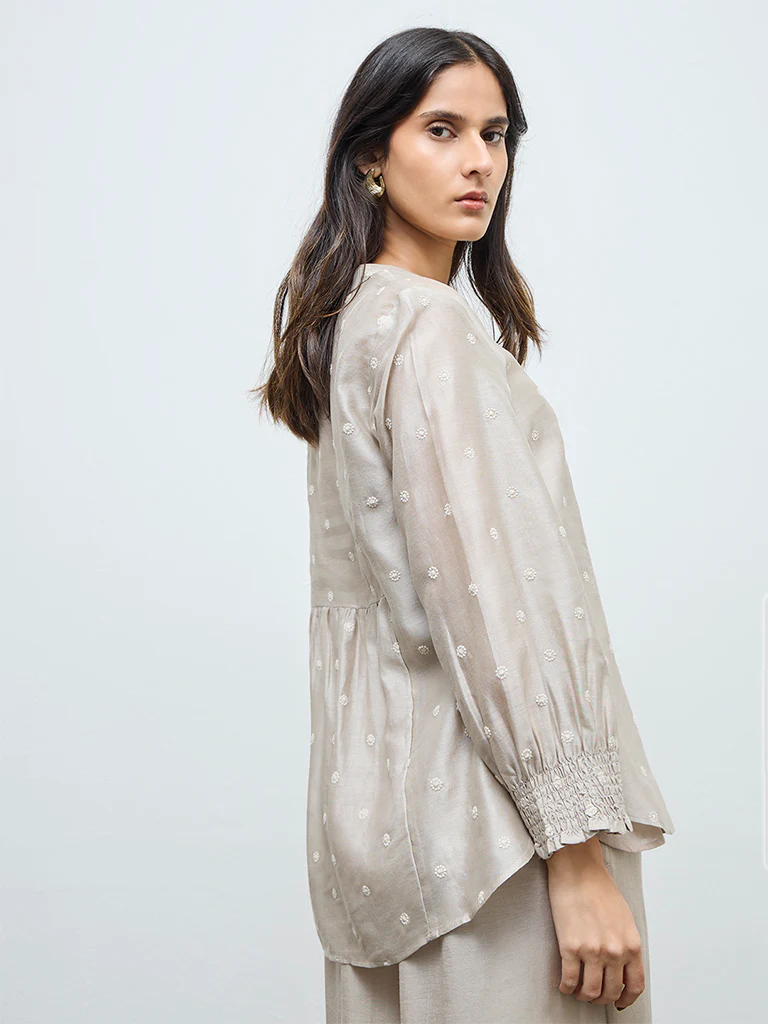 Zuba Beige Floral Embroidered Cotton-Blend Tunic with Inner - Image 4