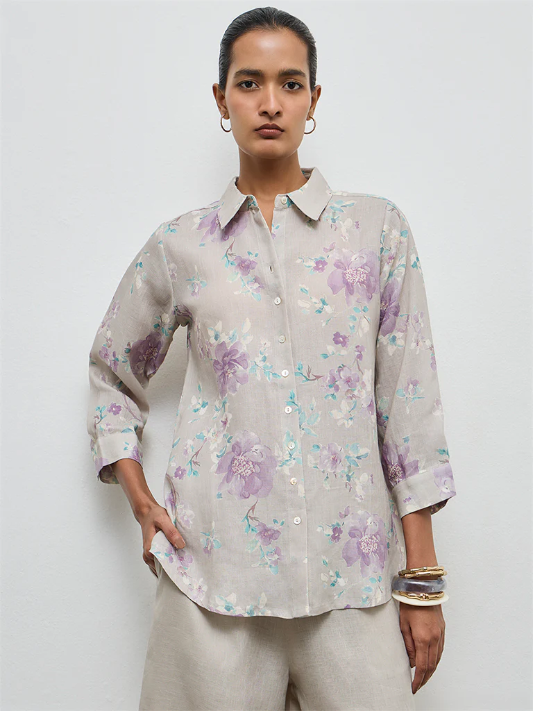 Zuba Beige Floral Pattern Linen Tunic