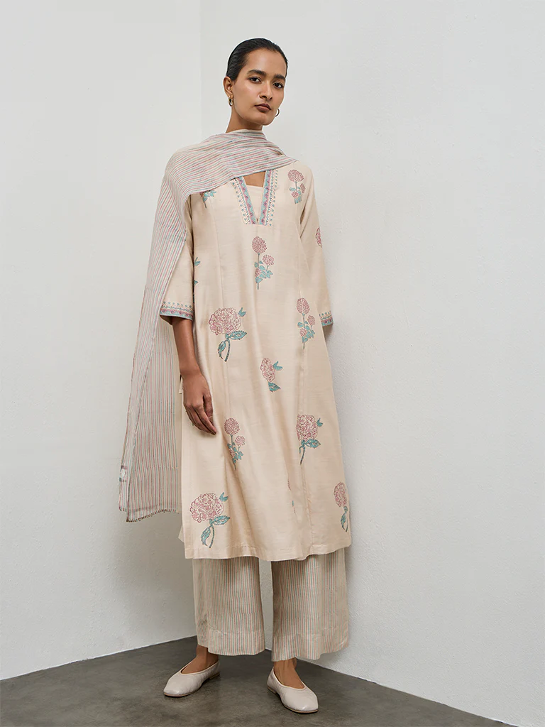 Zuba Beige Floral Printed A-Line Kurta