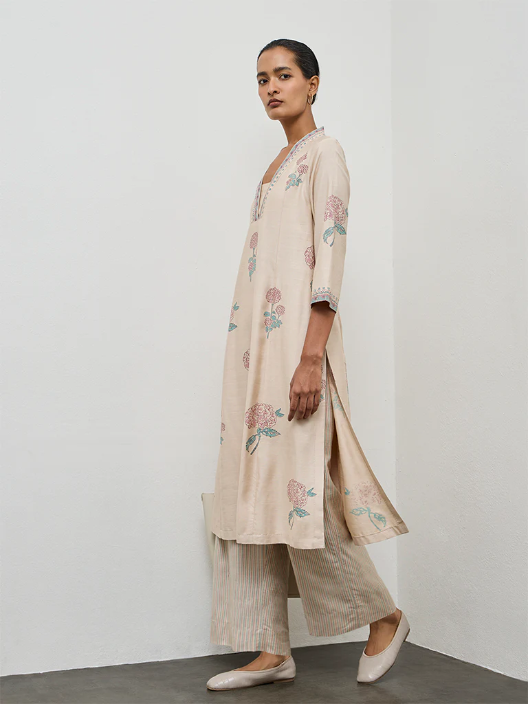 Zuba Beige Floral Printed A-Line Kurta - Image 2
