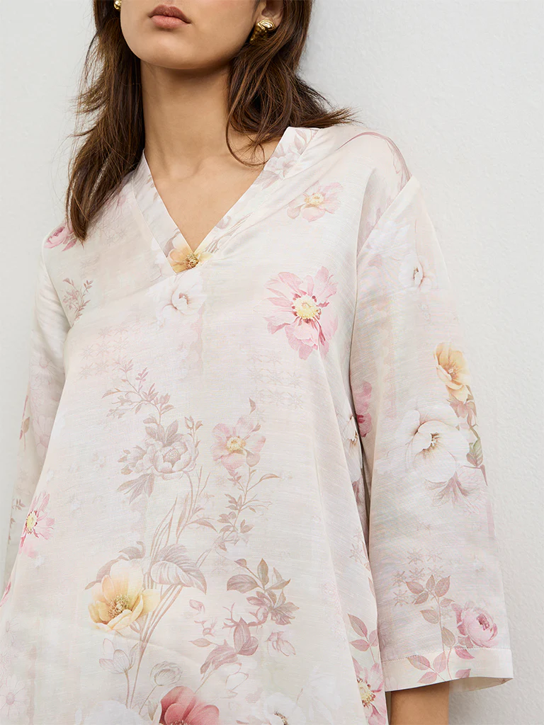Zuba Beige Floral Printed Linen Blend A-Line Kurta - Image 2