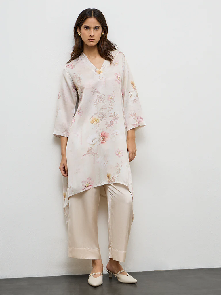 Zuba Beige Floral Printed Linen Blend A-Line Kurta - Image 3