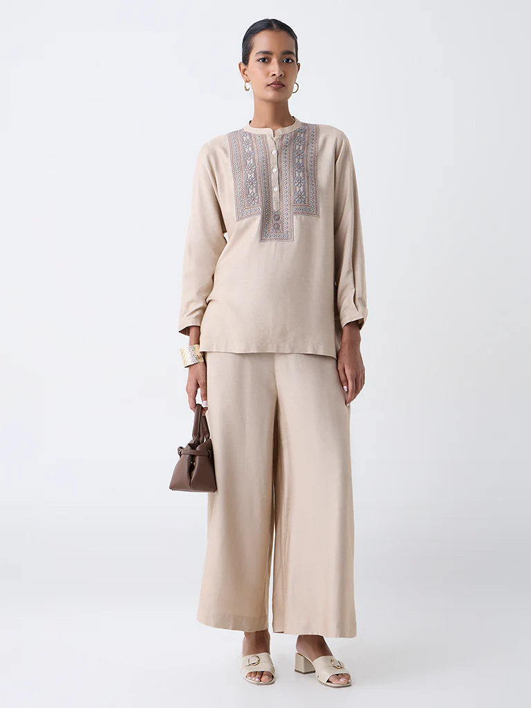 Zuba Beige Solid Pants - Image 2