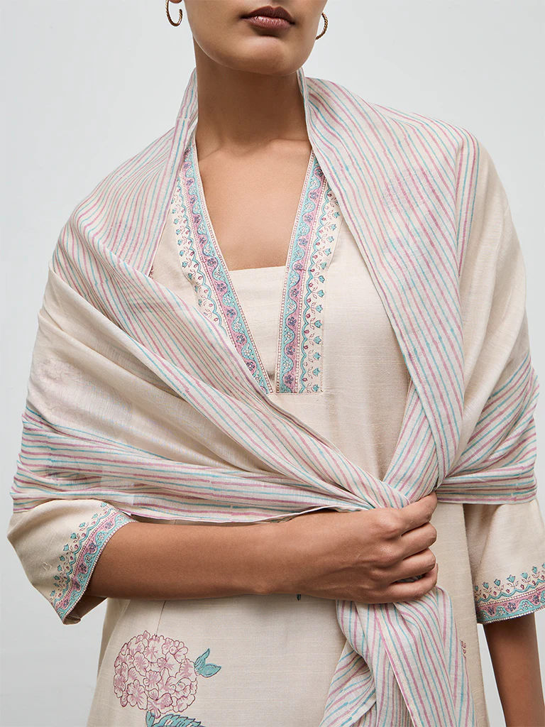 Zuba Beige Stripe Printed Cotton-Blend Stole