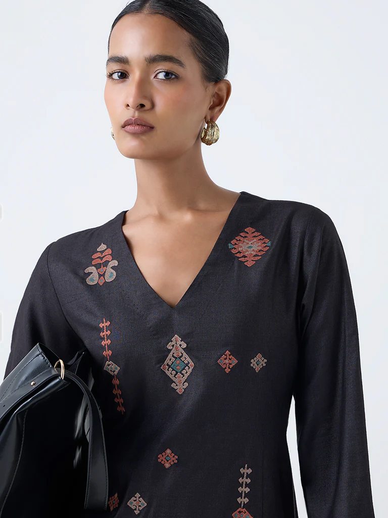 Zuba Black Embroidered A-Line Kurta - Image 3