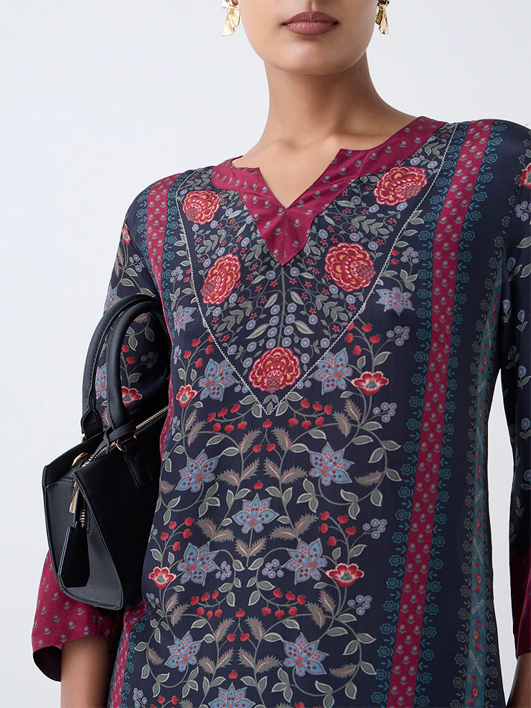 Zuba Black Floral Pattern A-Line Kurta - Image 3