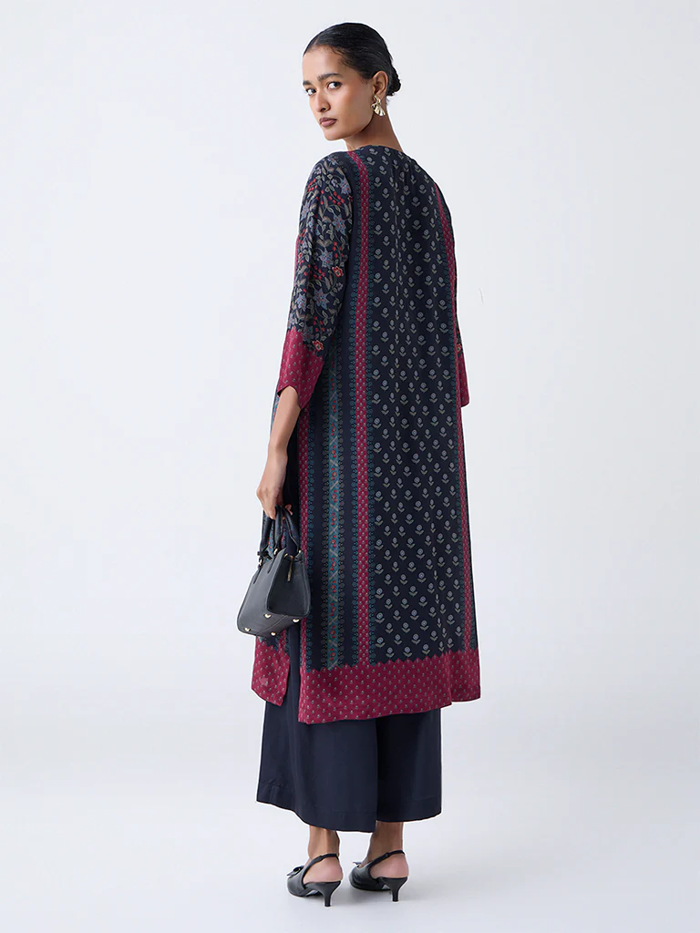Zuba Black Floral Pattern A-Line Kurta - Image 4