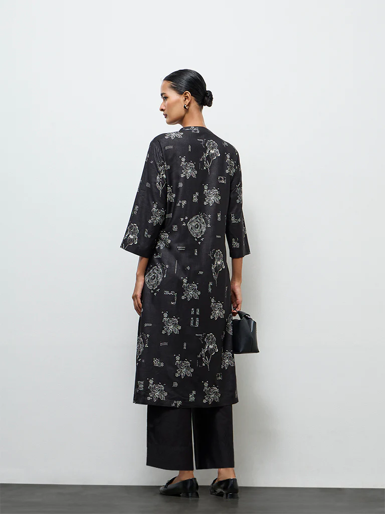 Zuba Black Floral Printed Silk Blend A-Line Kurta - Image 4
